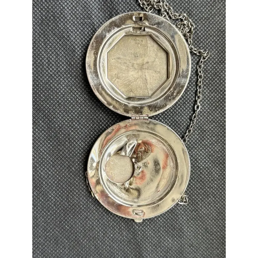 Antique Deco Blue Guilloche Enamel Floral Basket Silver Tone Compact Necklace